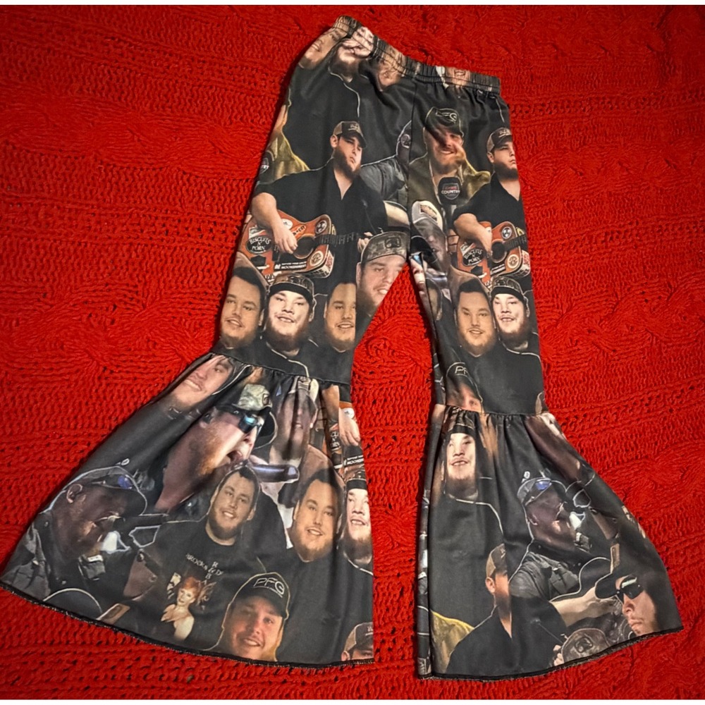 Luke Combs XS  Kids Bell Bottom Pants Country Music Fan Photo Print Flares - Picture 4 of 11